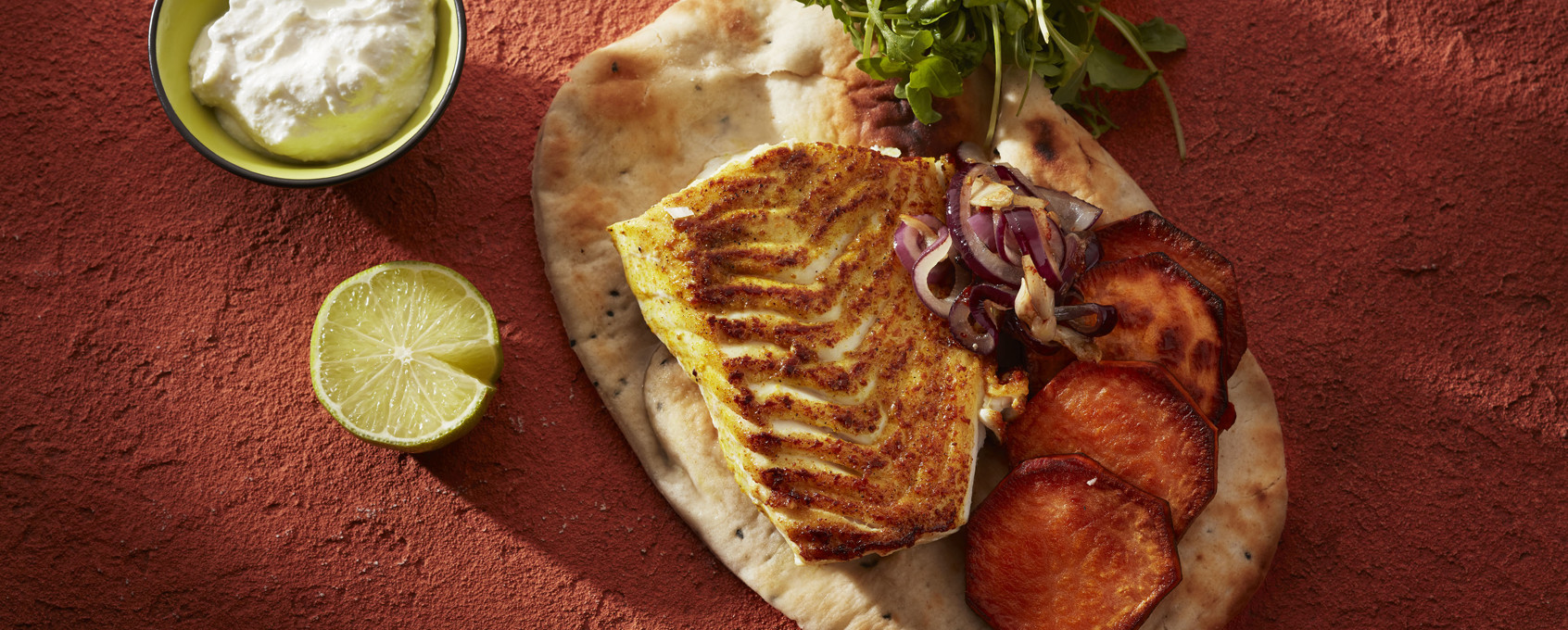 Torsk med karri, søtpotet og nanbrød